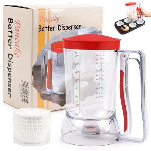 Kuchen Teigportionierer 900ml Kuchen Teigspender Batter Dispenser Portionierer Teig mit Deckel und Skala um Kuchen, Pfannkuchen, Muffins, Waffeln zu Machen