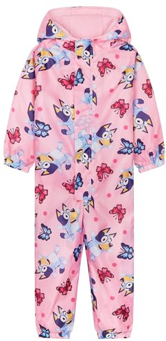 Bluey Puddle Suit for Girls Waterproof Overalls All in One Rainsuit Kids with Hood Fleece Lined Outdoor Lightweight Rainwear for Outdoor Play Travel (Pink, 3-4 Years)