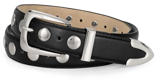 JASGOOD Women Leather Belt Fashion Studded Belt Ladies Punk Belt Gold Buckle Vintage Leather Belt for Jeans Dress