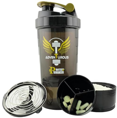 Protein Shaker Bottle with Storage for Powder & Pills – Leak-Proof, BPA-Free, Adventurous Smooth Mixing Shaker Cup for Protein Shakes, 16 oz, Golden