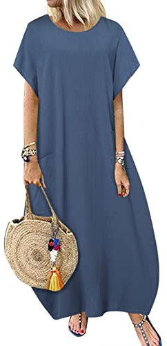 ZANZEA Maxi Dresses for Women Cotton Summer Dresses Short Sleeve A Line Tunic Dresses Loose Oversized Casual Dress with Pockets Maxi Blue M