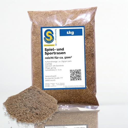 Samenshop24 Spiel- und Sportrasen Saatgut 1kg für 50m², schnellkeimende, hochbelastbare Rasensamen