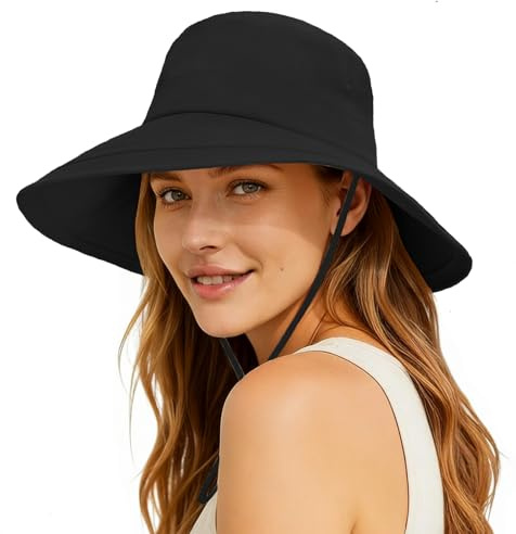 lifwimner Sun Hats for Women Wide Brim UV Protection, Foldable Ponytail Summer Hats Cap Waterproof Breathable Safari Bucket Hats for Beach Garden Fishing(Black)