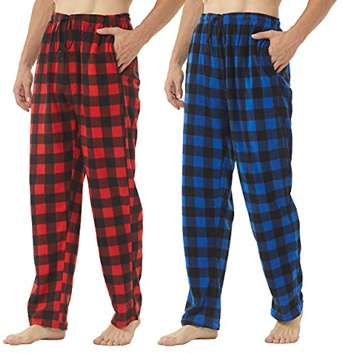 BEGIANT Pantalones de pijama de forro polar para hombre, paquete de 2 o 3 pantalones de descanso ultra suaves con bolsillos, pantalones cálidos de invierno, Cuadros rojos + cuadros azules, M