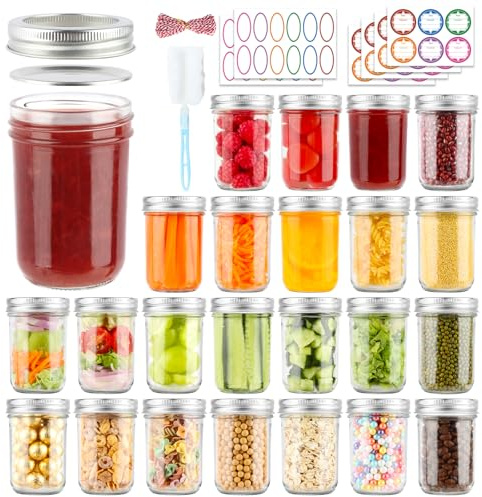 PINIWON Mason Jars 8 oz with Lids and Bands, 24 Pack Regular Mouth Half Pint Canning Jars, Small Mason Jars for Jam Jelly Honey DIY Projects, 48 Labels, Brush & String Included