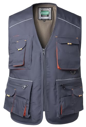 KTWOLEN Gilet de Travail Homme Veste Bricolage de Chantier Gilet Multi Poches Manteau Sans Manche de Travail, Gris, M
