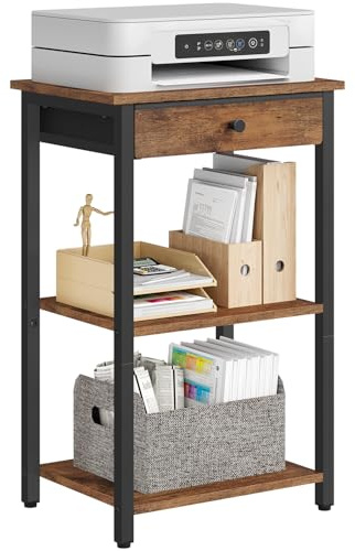 Gewudraw Printer Stand, 3 Tier Printer Shelf with Drawer for Home Office | Book Shelf, Under Desk Printer Table, Side Table for Home Office, Living Room, Bedroom, 39 x 28 x 61 cm, Brown