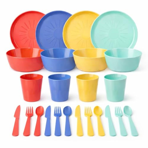 24 Piece Kids Tableware Set – BPA Free Plastic Dinner Set with 4 Plates, 4 Bowls, 4 Cups & 12 Piece Cutlery (Knives, Forks, Spoons) – Reusable Pastel Toddler Dining Set (Brights)