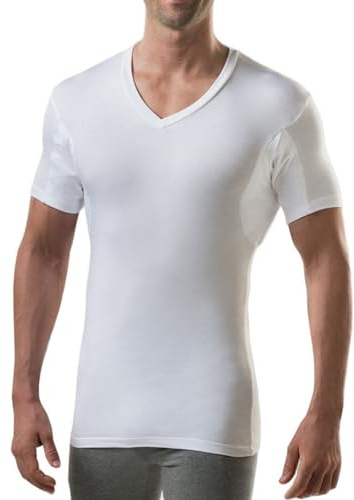 Men's Sweatproof Undershirt - V Neck T-Shirt with Underarm Sweat Pads - Slim Fit - Aluminum-Free Alternative - White - Medium