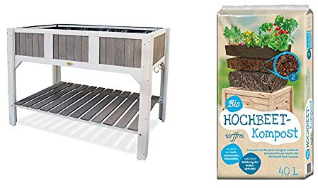 Habau Klara Hochbeet, weiß/grau & Universal Bio Hochbeet-Kompost 40 Liter