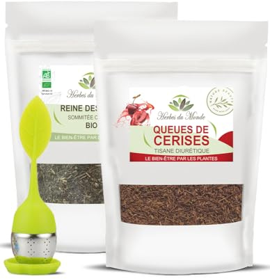 Herbes du Monde – DUO Infusion Bien-Être : Queues de Cerises 100g & Reine des Prés BIO 60g avec Infuseur | Plantes à Infuser 100% Naturelles – 2 Sachets + 1 Infuseur