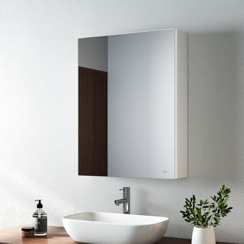 EMKE Bathroom Mirror Cabinet Single Door - Wall Mounted Bathroom Cabinet Storage Cupboard with Adjustable Shelf, Waterproof Bathroom Wall Storage Cabinets, White 50L x 65H x 14.5D cm