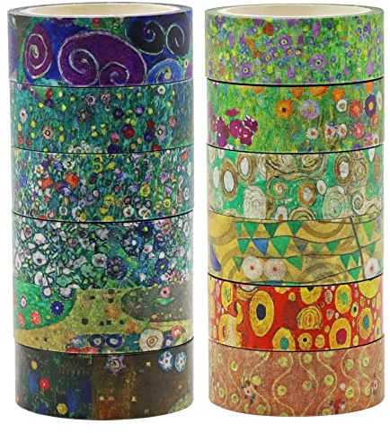 Berkin Arts Washi Tape Set 12 Rotoli Decorativo Giapponese Nastro Washi adesivo colorato Artigianato Carta, 15mm di Larghezza, per Album Fotogrammi Pianificatori Gustav Klimt Stampa