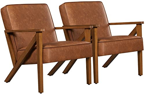Yaheetech Set med 2 TV-fåtöljer, fritid, relaxfåtölj, konstläder, loungefåtölj, ryggstol, stoppad fåtölj, enkelsoffa med massiva träben för balkong/vardagsrum/sovrum/reception, ljusbrun