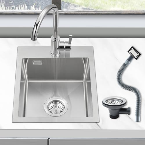 ROVOGO Edelstahl 304 Spülbecken Klein 40 x 34 cm, Einbauspüle mit Ablaufgarnitur inkl. Siebkorbventil und Abtropf-Überlauf, Küchenspüle mit Loch für Armatur, Gebürstet Spüle Küche Rechteckig