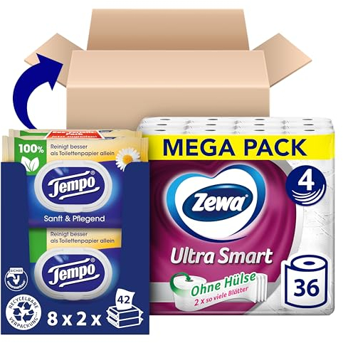 Doppelpack: Zewa Ultra Smart Toilettenpapier und Tempo Feuchte Toilettentücher - Megapack - Tempo Moist 16 Packungen mit je 42 Tüchern + Zewa Ultra Smart Toilettenpapier Großpackung, 36 Rollen