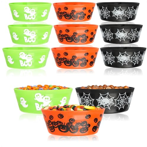 com-four® 12x Halloween Snack Bowls - Bowl Set for Packaged Sweets - Plastic Snack Plates - Party Tableware for Halloween and Theme Parties (12 Pieces - 3 Colors)