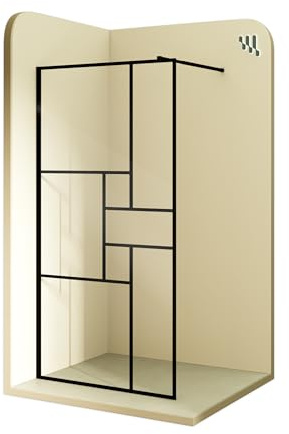 MOMENTS OF GLASS Panel de Ducha Fijo Frontal, Walk In Gianna 80x200 cm - Mampara con Vidrio de Seguridad Templado Transparente 8mm con Rayas Negras, Marco Negro Mate e Barra Estabilizadora