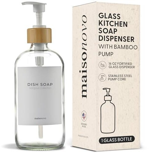 MaisoNovo Dispenser per sapone 1-Piece Set | 500 ml Bottiglie Trasparenti con Pompa in Bambù Bianco | Set Dispenser Sapone Bagno