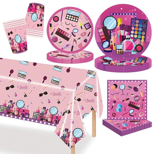 MORAINJAY 51Pcs Makeup Party Tableware Set,Spa Birthday Party Tableware Set,Paper Plates,Paper Cups,Napkins,for Girls Kids Princess Sweet Pink Make up Theme Birthday Party Supplies(10 Guests)