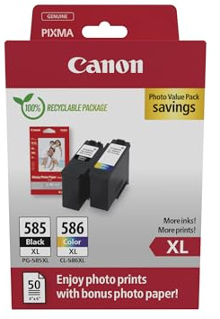 Canon PG-585XL + CL-586XL, Cartuchos de Tinta Original, Tamaño XL, 1 Cartucho Negro y 1 Cartucho Color, Incluye Papel fotográfico 4x6 (50 x Hojas), Compatible con Impresoras PIXMA
