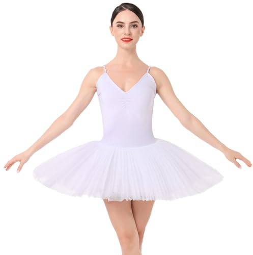ABEHIK Robe de Ballet Classique Tutu Sans Manche Couleur Unie Costume Lac des Cygnes Performance Poncho Blanc L
