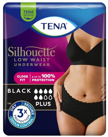 TENA Silhouette Plus Pants Low Waist Underwear, Black, Medium Size, 100% Protection, Close Fit | Women Incontinence Underwear | 1 Pack of 12