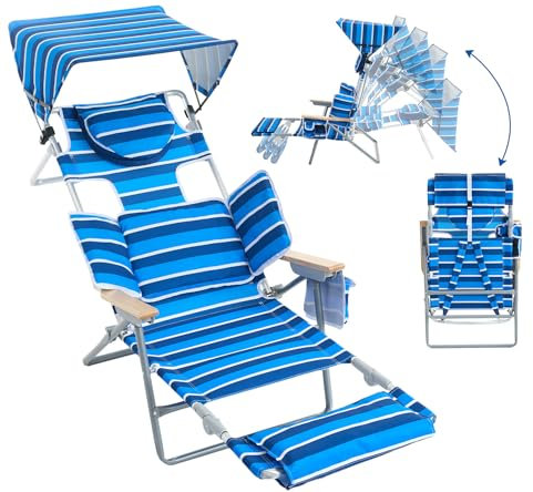 Übergroßer robuster Rucksack Strandkorb mit Sonnendach, Liegestuhl mit Gesichtsloch, 5 Positionen, faltbarer Campingstuhl für Outdoor, Sonnenbad, Strand, Terrasse, Pool (Blau/Weiß)