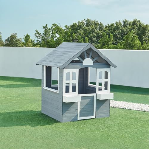 casa.pro Casa de Juegos Vesa con Jardineras Casita para Niños con Ventanas y Puerta Casa de Madera para Exterior y Jardín de Madera de Abeto 138 x 120 x 102 cm - Gris