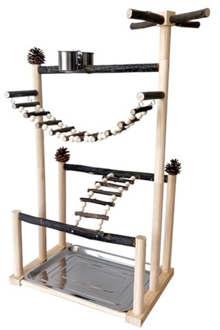 Pájaro de madera Playstand con bandeja de limpieza extraíble, tazas de alimentación, tornillos metálicos, escalera de escalada para enriquecimiento de loros, pájaro grande, centro de actividad