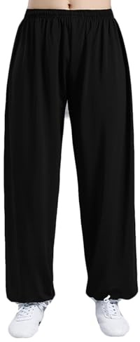 Respirant Pantalon Tai chi Soie Glacée Homme,Pantalons Kung Fu Style Femme avec Poches, Pantalon Art Martiaux Taekwondo Tai chi et Wing Chun Yoga Entraînement (Size:m,Color:Noir)