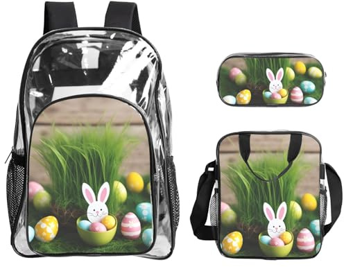 WOmeng Ensemble de 3 sacs à dos transparents en forme d'œuf de Pâques avec motif lapin et herbe en bois pour voyage en plein air