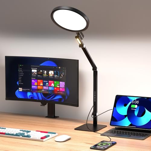 Dorlink Lampada Da Scrivania Led Braccio Snodabile, 1337lm,5 Modalità Colore+5 Livelli Luminosità,Doppia Usb-C,Memoria,Timer,Luce Notturna, Protezione Occhi Casa,Ufficio,Streaming,Nera