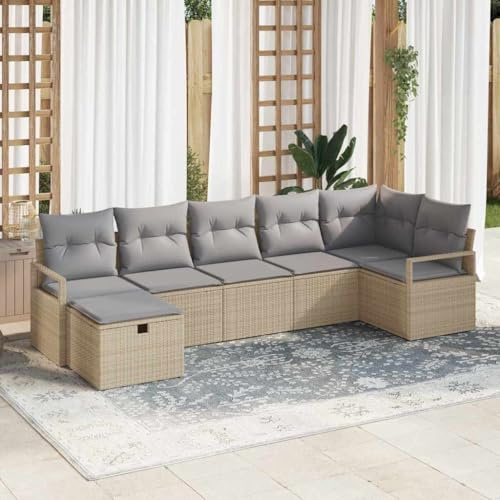 Runheo Ensemble de canapés 7 pièces en polyrotin Beige et Gris Clair avec Coussins modulables, Banquette d’Angle, Table et Rangement, mobilier extérieur résistant aux intempéries pour terrasse