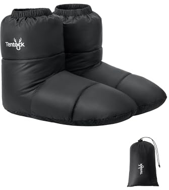 Tentock Chaussons & Chaussettes Chaudes Homme Femme | Chaussons en Duvet 600FP à Semelle Anti-Dérapante | Imperméables, Coupe-Vent pour Camping, Maison, Hiver (Noir M)
