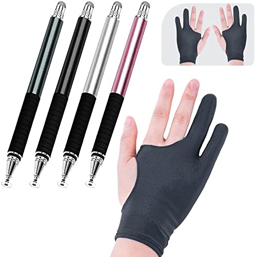 Capacitive Stylus Pen for iPad Smartphone (4 Pack) with 3-Layer Palm Rejection Artist Drawing Gloves (2 Pack)