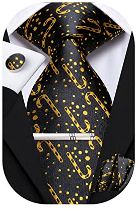 Hi-Tie Cravate de Noël pour homme en soie tissée Motif Père Noël, renne et arbre, Noir et or 2., M