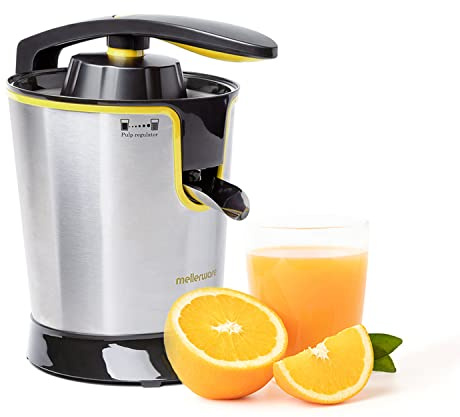Mellerware - Exprimidor Eléctrico Profesional Juicy! 300W | Vertido Continuo | Sistema Antigoteo | 2 Filtros | 2 Conos intercambiables | Motor AC | Apto Lavavajillas | Zumos de naranjas | Amarillo