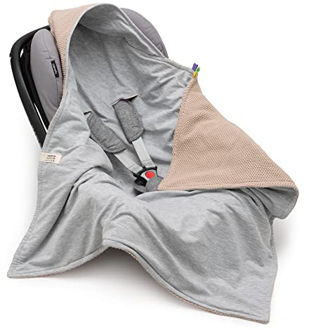 Mikos® Baby Einschlagdecke GOTS zert. 100% Bio Baumwolle Strickdecke Baumwolldecke für Autositz Für Kinderwagen Buggys z.B. Maxi Cosi Rosa Beige 3 Punkt Gurt (45) (Beige)