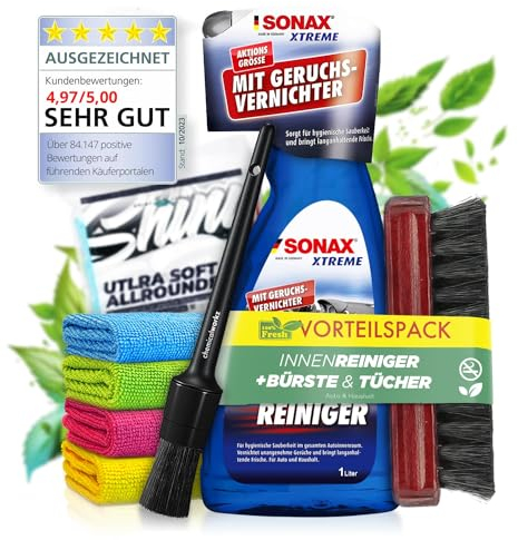 Innenraum Set: SONAX CleanStar (750ml) Innenraumreiniger Auto + Bürste + chemicalworkz Pinsel + Sonax Mikrofasertuch - Auto Innenraum Reiniger für Kunststoff, Glas, Polster & Leder, Cockpitpflege Auto