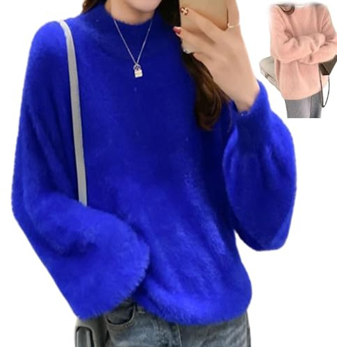Nearflying Maglione caldo allentato di misto cashmere d'angora di inverno della signora, maglione soffice del pullover del maglione del maglione del girocollo di colore solido, Blu, Taglia unica