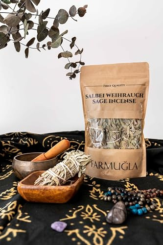 FARMUĞLA Lot de 4 bâtons d'encens naturels à la sauge séchée, paquets de plantes pures pour une atmosphère positive et relaxation, sauge soigneusement sélectionnée, emballage naturel
