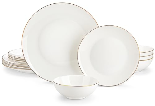 MALACASA JERA Service de table haut de gamme en porcelaine anglaise 12 pièces avec bord doré, bols à dessert et à céréales, blanc crème