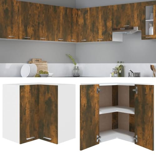 Rantry Hanging Corner Cabinet Smoked Oak 57x57x60 cm Engineered Wood, Wall Mounted Kitchen Cabinet, Display Cupboard Storage, Cabinet Unit for Kitchen, Living Room and Office Indoor Furniture