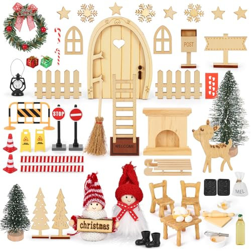Fulasofia Wichteltür Set 64 PCS, Wichtel Zubehör Weihnachten, Wichtel Baustelle Set, Weihnachtswichtel Set, Miniatur Wichtel Zubehör, Weihnachtsdekoration mit Miniatur Briefkästen, Zäun, Kranz