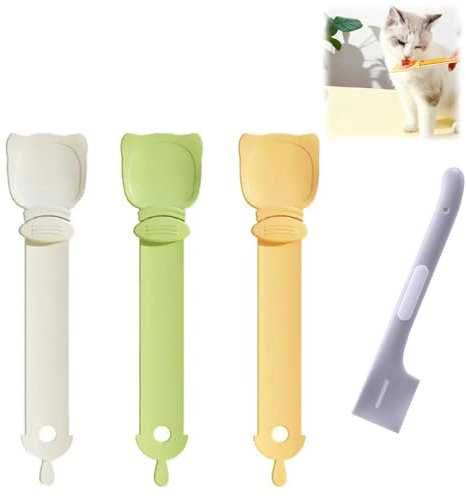Katzenfutterspender,Futterspender für Haustiere,Multifunktional Katzenleckerli Spender,Kann Katzenfutter Löffel Hängen,3 Stück Katzenfutter Quetschlöffel mit 1 Stück Tierfutter Rührlöffel Tokaneit