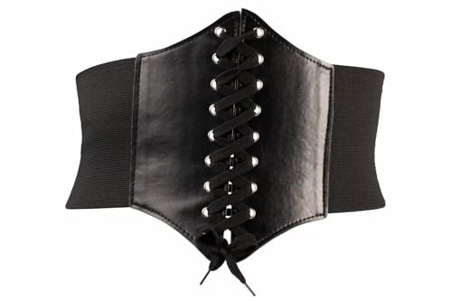 hxaiyouu Women Waist Cincher Wide Band Elastic Tied Waspie Corset Belt (Black)