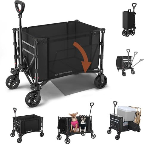 Vagón Plegable 3 en 1 Convertible en Banco, 220 Libras Carro Plegable con Ruedas, 120L Carro de Compra para Comestibles Carro Transporte para Playa, Jardín, Camping, Deporte, Carretillas, Negro