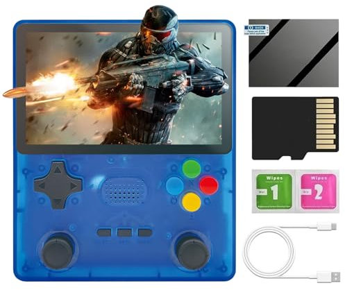 R39s Handheld Spielekonsole, Handkonsolen mit Vollständig Open-Source Emuelec 4.3 System, 4-Zoll-IPS-Bildschirm, 64G TF-Karte 10000 Retro-Spiele, Retro Handheld Konsole, 3000mAh Akku (Blau)