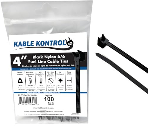 Kable Kontrol Black Fuel Hose Radius Clamp Cable Ties, 100 mm x 2.5 mm, Pack of 100, 4 Nylon Zip Ties, UV & Chemical Resistant Tie Wraps, Secure Self-Locking Mechanism for Automotive & Industrial Use